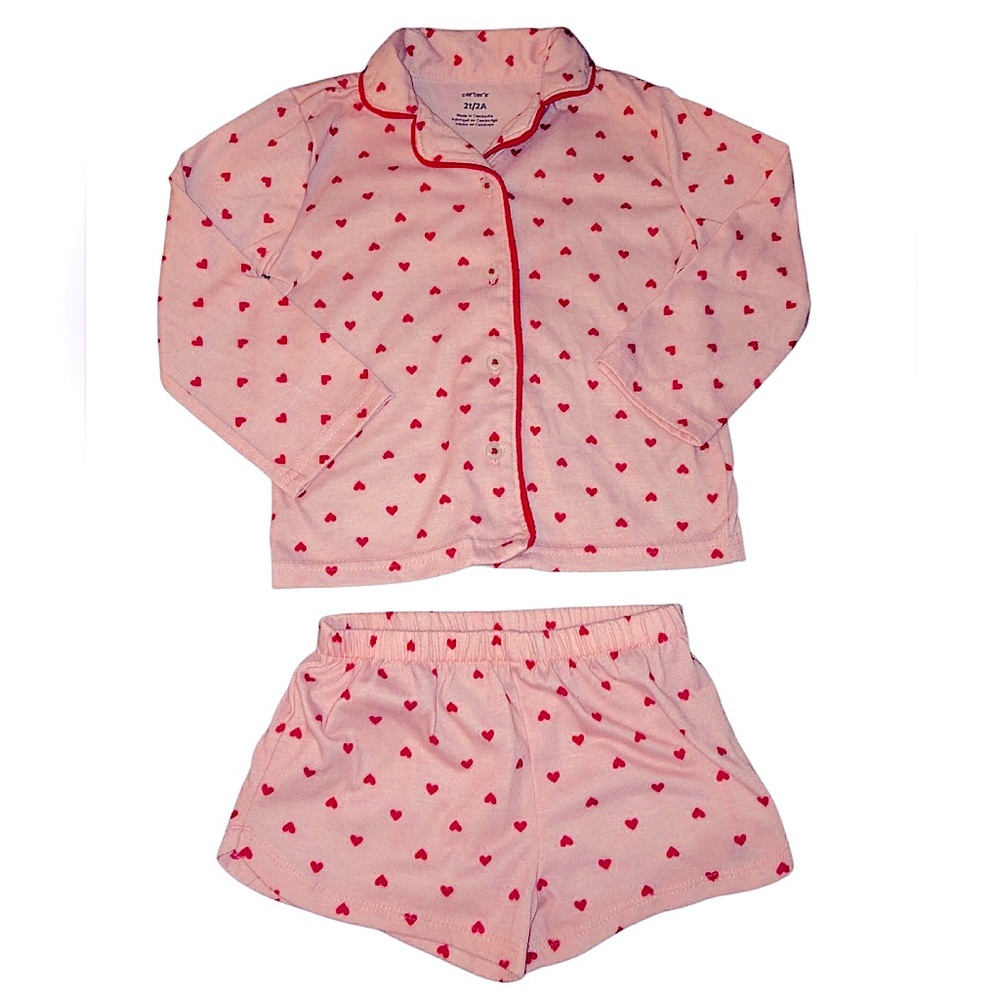 Carter's Pink and Red Heart Pajama Set long sleeve button down and shorts Sz 2T